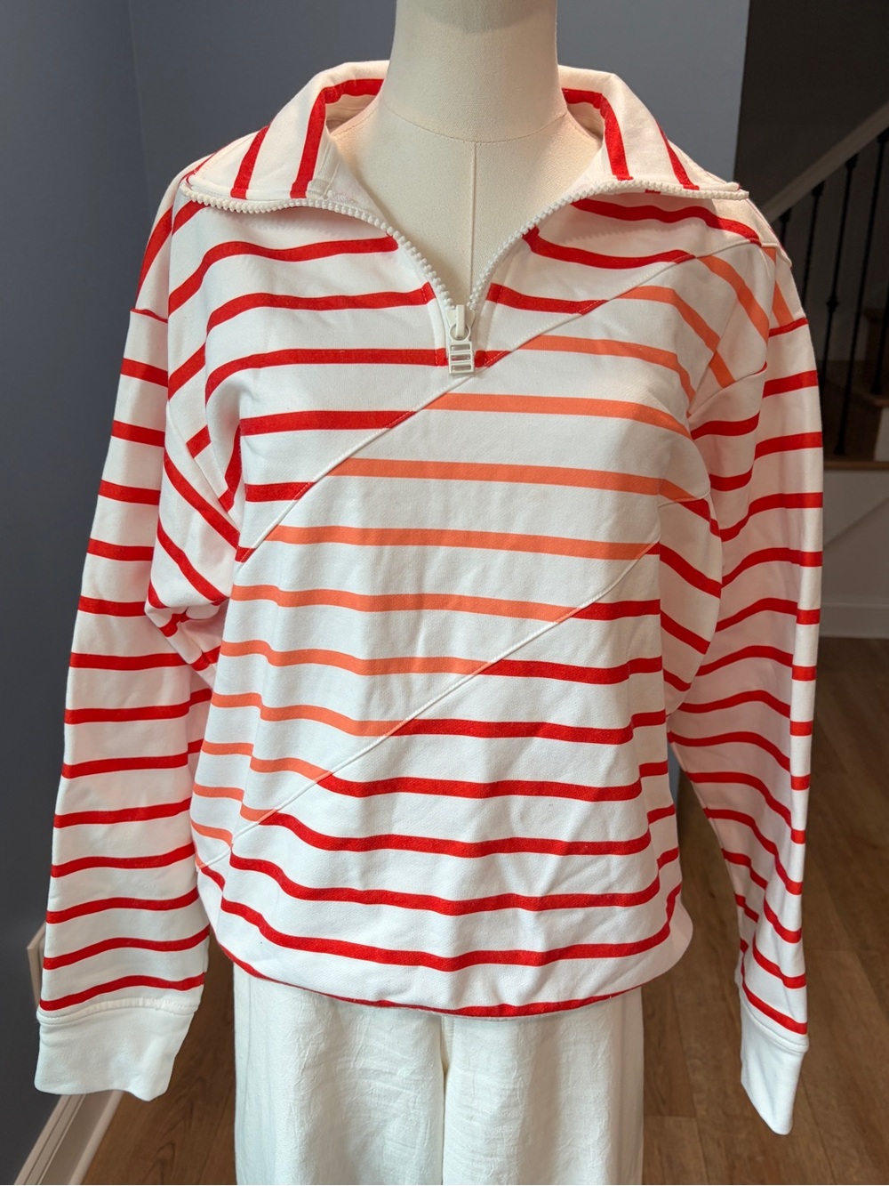 Solid & Striped Oversized Striped Half Zip Pullover Sweatshirt Red White XS